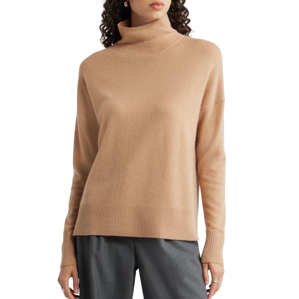 NWT $279 Nordstrom 100% Cashmere Mock Neck Oversize Sweater Sz L Soft Tan Luxury